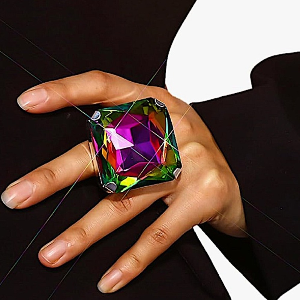 Exaggerated Mystic Fire Silver Crystal Stone Cocktail Ring